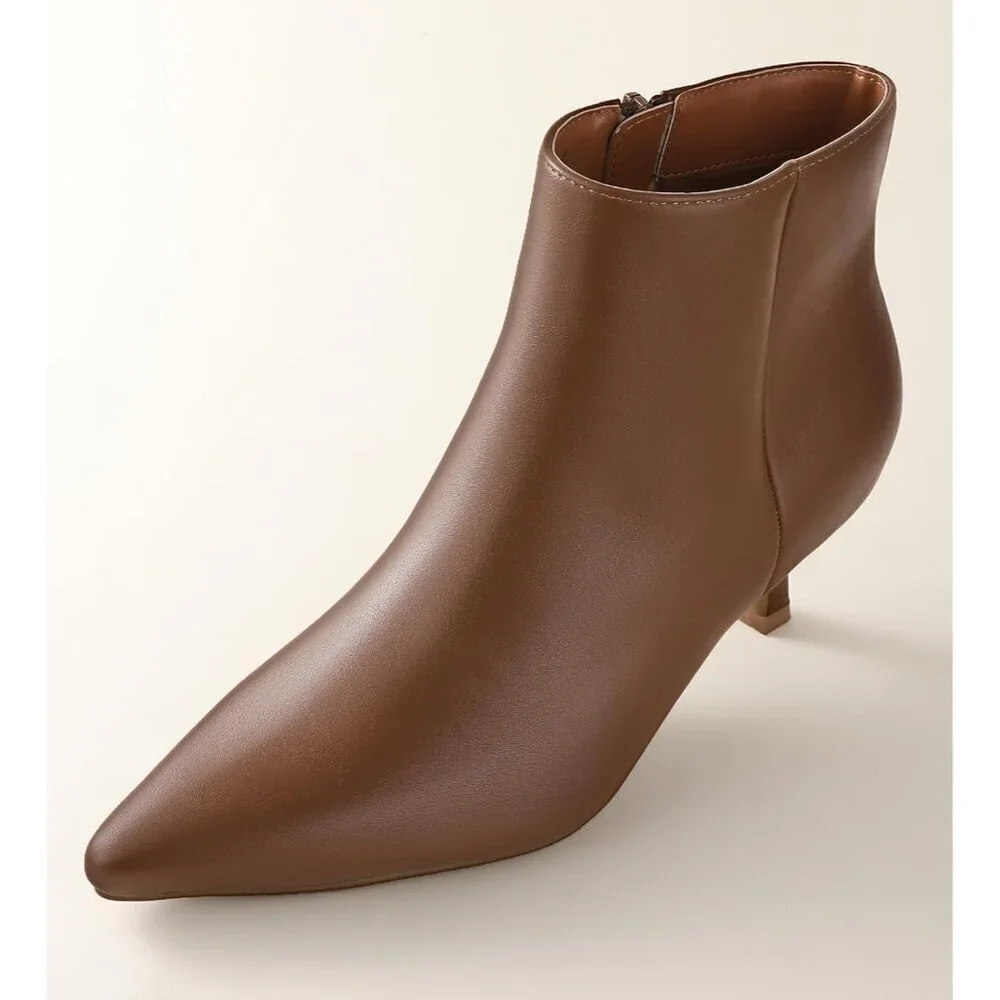 Women's Brown Kitten Heel Ankle Winter Dress Shoes Pointed Toe Side Zipper Boots
